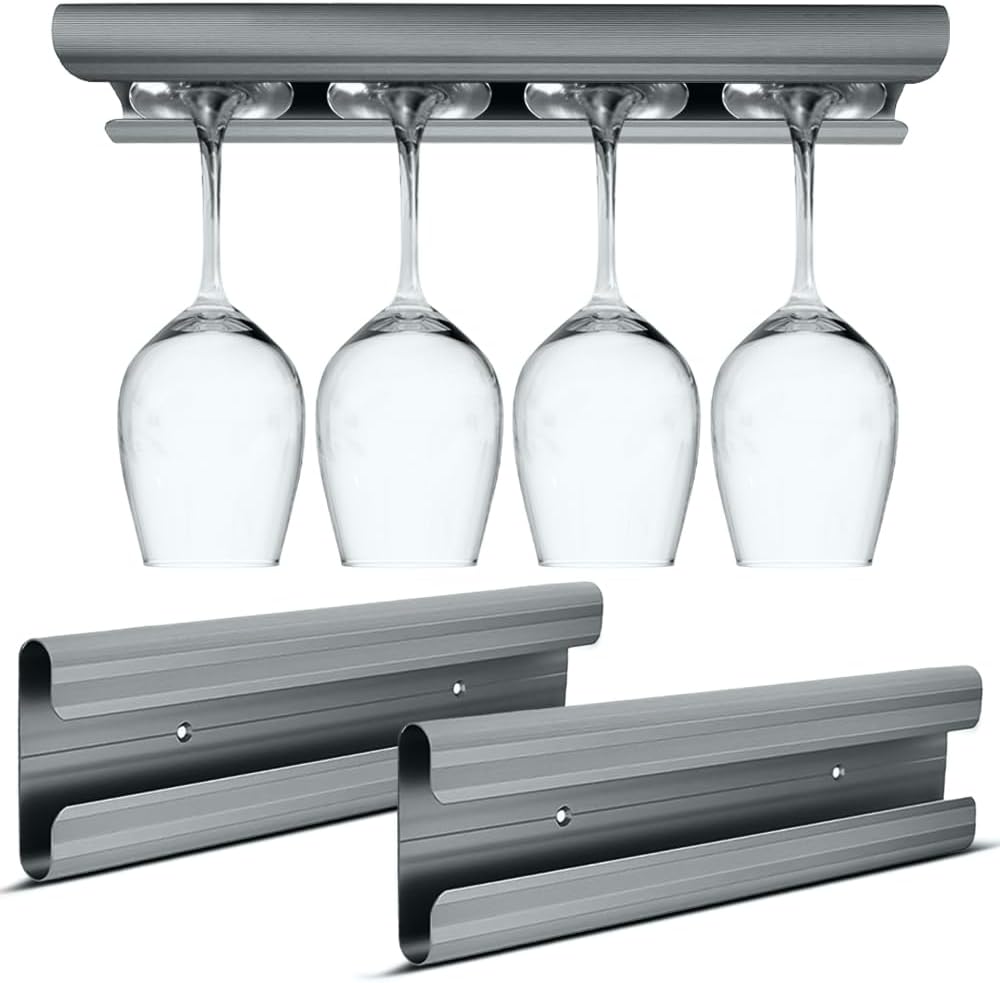 Aluminum Wine Glass Rack 2 Pack Gray, Under Cabinet Wine Glass Holder, Under Shelf Mounted Stemware Rack for Bar Kitchen, Hanging Stemware Rack Organizer Hanger