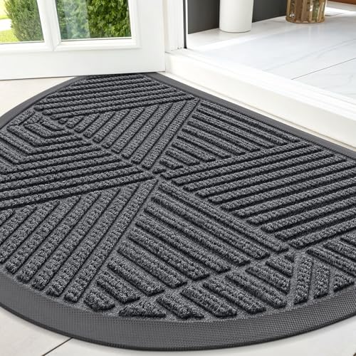 Image of Smiry Half Circle Front Door Mat Outside Entrance, Heavy Duty Sturdy Natural Rubber Doormat, Trap Dirt and Moisture, Low Profile Mats for Indoor Outdoor Entry, Irregular Triangle (47x32, Grey)