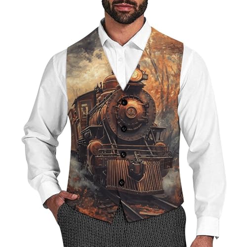 Steam Train in The Autumn Forests Formal Suit Vest for Men Waistcoat Printing Business Casual Dress for Tuxedo
