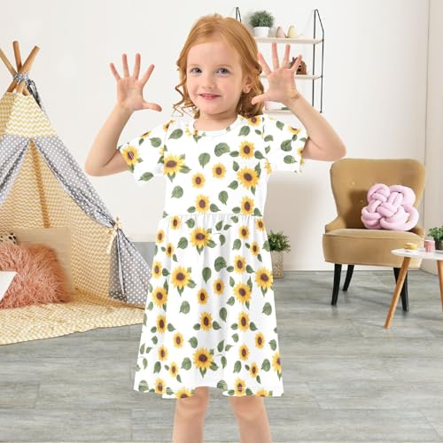 Sunflowers and Leaves Girls Short Sleeve Dress Casual A Line Twirly Skater Dresses3