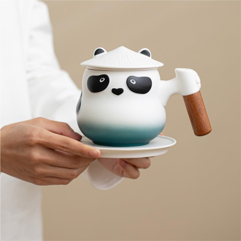 LYGSWDB Teedose, Keramik-Vorratsdose für losen Tee, kreatives Panda-Teeglas, Büro-Teetasse, Kombinationsset, Bürofilter, Teesieb, Tasse, Teedose (E)