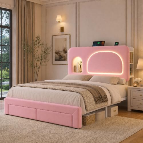 Image of Full Storage Bed Frame with Bookcase Headboard & Charging Station, Beige