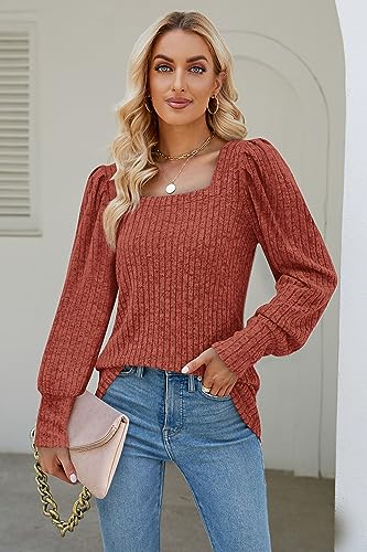 Image of WIHOLL Long Sleeve Shirts for Women Trendy Casual Square Neck Tops Lightweight Sweaters
