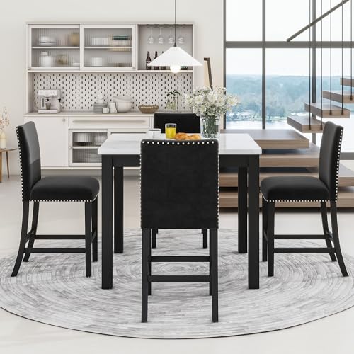 RuiSiSi 5-Piece Counter Height Dining Table Set, Faux Marble Top