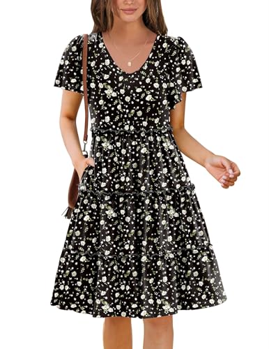 Image of Zeagoo Summer Tiered Mini Dress with Pockets Ruffle Sleeve V-Neck Casual Dress A Line Boho Flowy Sundress 2025 Vacation