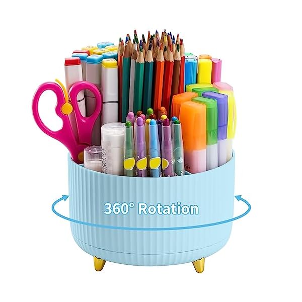 Marbrasse Desk Organizer, 360-Degree Rotating Pen Holder for Desk, Desk Organizers and Accessories with 5 Compartments Pencil Organizer, Art Supply Storage Box Caddy for Office, Home （Light Blue）