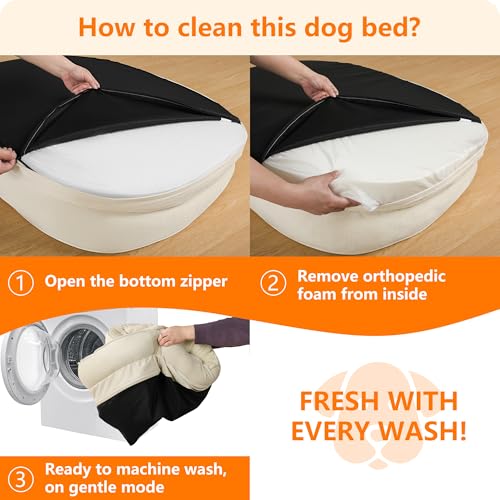 HMTOPE Orthopädisches Hundebett, Hundesofa, Vierseitiges Nackenrolle Kissen, rutschfeste Unterseite Hundekorb, Abnehmbar und Waschbar, Mittelgroße Hunde, Grosse Hunde, 106 x 79 x 17 cm, Beige