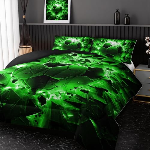 Image of Nttopship Soccer Bedding Comforter Set Queen Size for Kids Teens and Adults, Black and Green Football Printed Bedding Sets 3 PCS,Ball Sports Themed Bedroom Decor with 1 Comforter and 2 Pillowcases