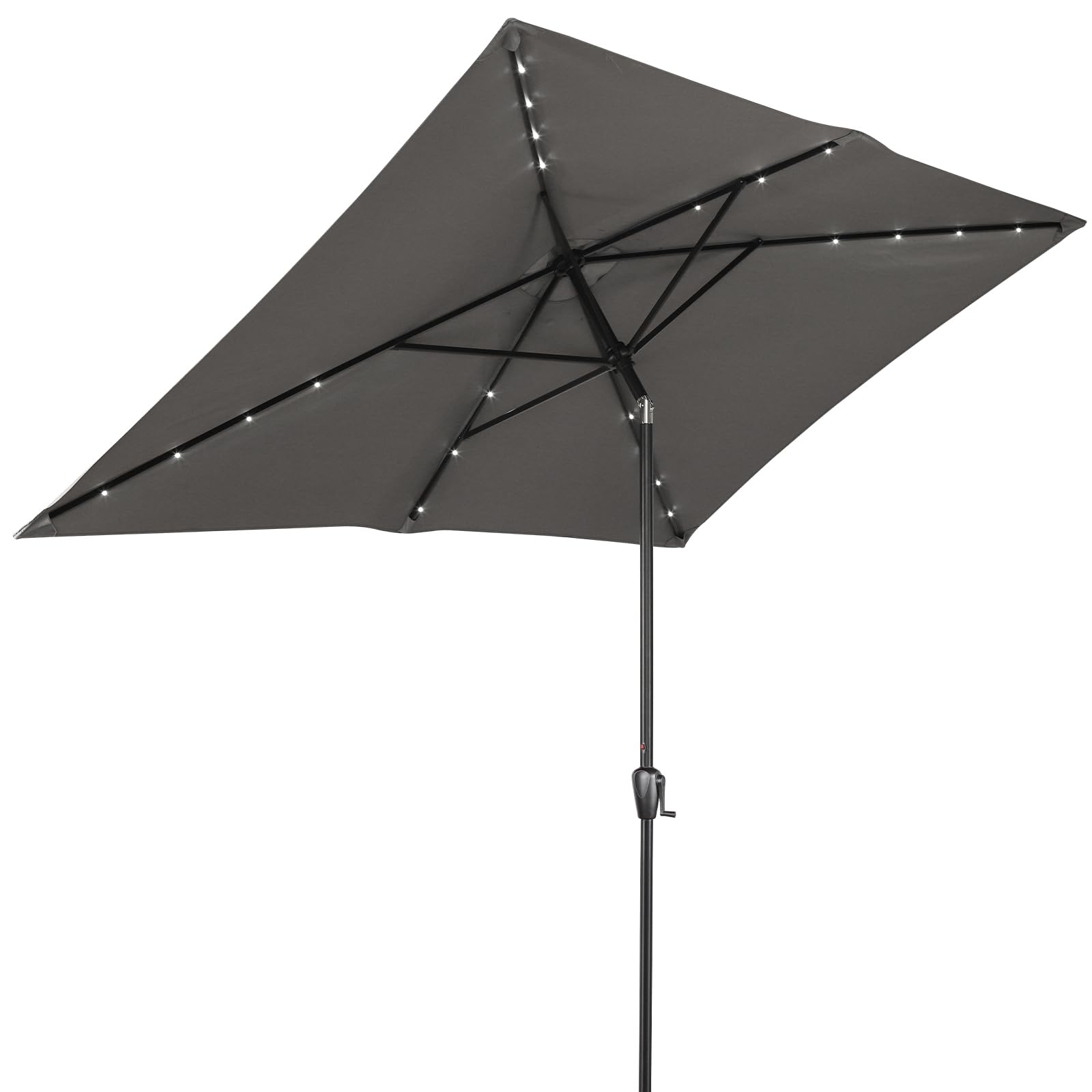 Sun-Ray Rectangular Patio Umbrella 6.6ft by 10ft with 22 Solar Powered LED Lights, Push-Button Tilt and Hand Crank Lift, Solar Umbrella with Solution Dyed Grey Fabric for Porch, Deck, and Patio