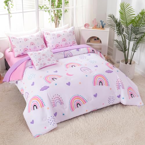 Image of 6 Pcs Girls Queen Bedding Comforter Set, Pink Purple Rainbow Bed in A Bag with Sheets, Moon Herat Print Teen Girl Bed Sets for Bedroom (Rainbow, Queen)