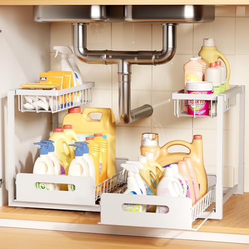 Under Sink Organizer 2 Pack,Metal Pull Out Cabinet Organizer Shelf,Kitchen Bathroom Organizers and Storage with Sliding Drawer,Storage Shelves,Storage and organization for Home,Laundry,RV,Pantry,Spice