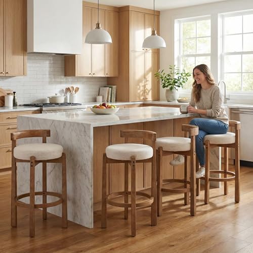 Image of LukeAlon Mid Century Linen Bar Stools Set of 4, 30.25 inch Seat Height Upholstered Barstools with Wood Legs Modern Tall Bar Chair with Curved Low Back Round Footrest for Pub Home Kitchen Island, Beige