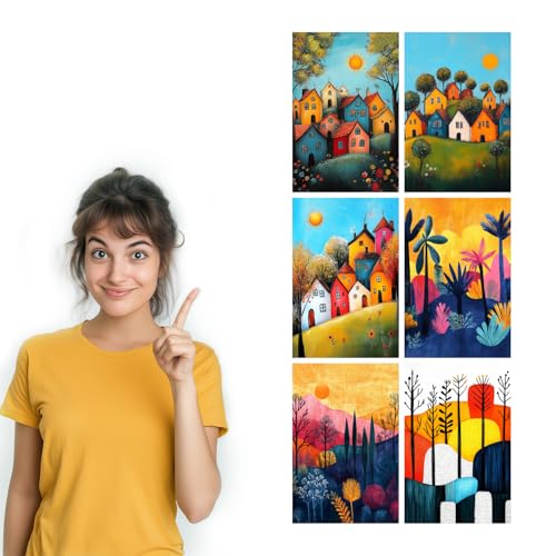 Image of SiddArtify Colorful Village Wall Art Prints Set - Whimsical Landscape Poster Decor for Living Room Bedroom Office - 8x12 Sticker Pack of 6