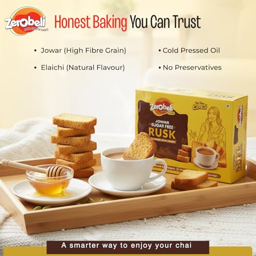 Image of Zerobeli Sugar Free Jowar Rusk - 225g (Pack of 2) | High Fiber Wholegrain Rusks | No Added Sugar, No maida & No Palm Oil | Healthy Snacks for Diabetics & Weight Management