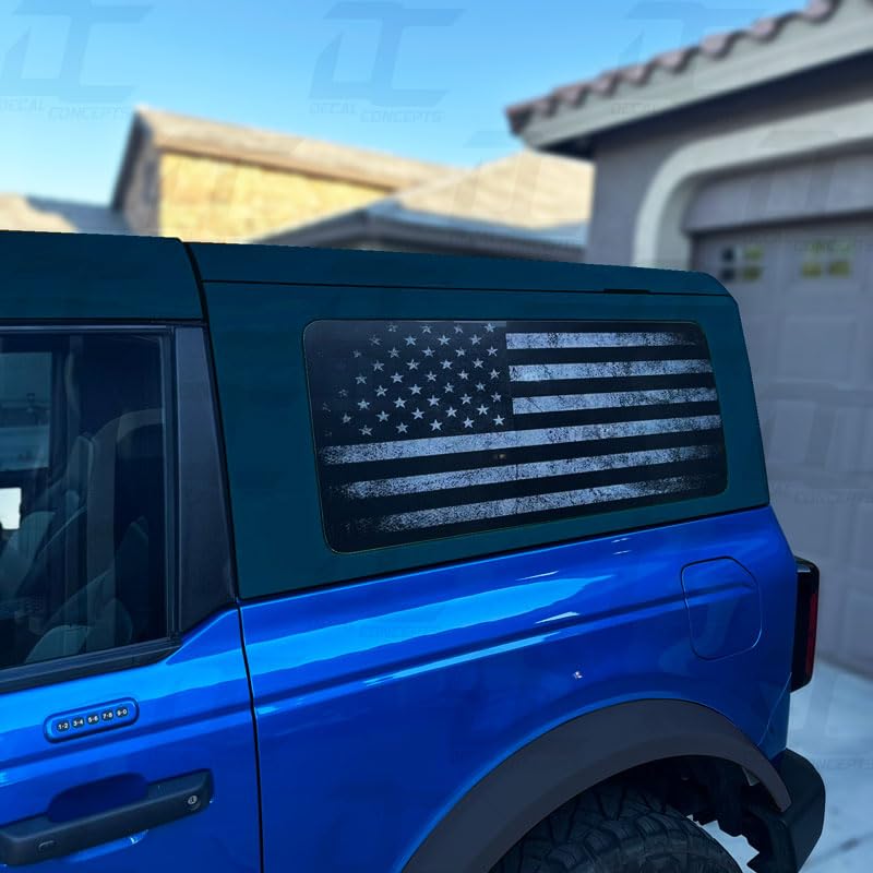 Decal Concepts American Flag Rear Side Window See Through Accent Decal (Fits Bronco 2 Door 2021-2024) (Black & White Distressed)