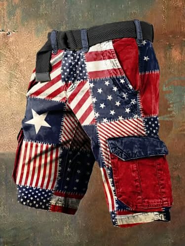 Man's Independence Day Vintage Flag Patchwork Print Patriotic Cargo Shorts2