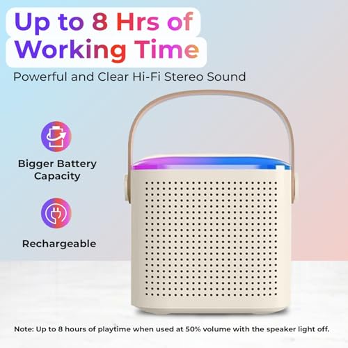 Image of Humble Kroko Series Mini Bluetooth Wireless Karaoke Speaker with 2 Mics, 8Hrs Playtime, RGB Lights (BT 5.3 /TF Card), Voice Effects, Multi-Play Modes,Type-C Charging for Kids & Home Parties - Cream