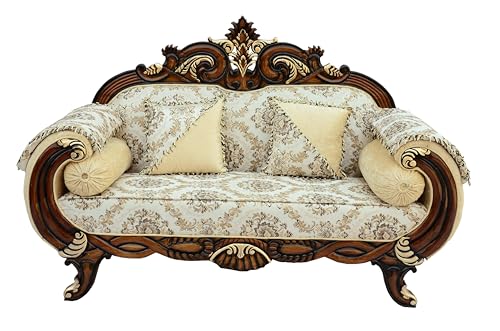 Image of Wooden 7 Seater Sofa Set, Solid Sheesham Wood Sofa 3+2+2 with Polish Finish, Traditional Design Furniture for Living Room, Home, Bedroom, Hall