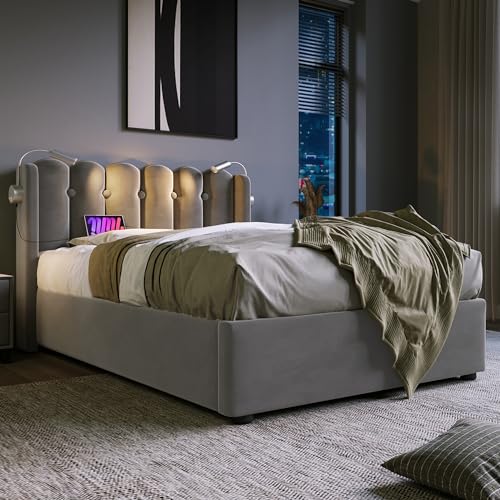 HYSZ Cama tapizada, cama individual, marco de cama, luz de lectura con función de carga, espacio para el cabecero, terciopelo, cama juvenil con somier, gris, 90 x 200 cm (con colchón)