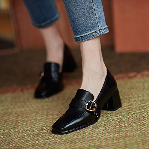 VOKLIN Women's Fashion Buckle Square Toe Dress Pumps Slip On Chunky Block High Heel Work Office Pump Shoes3