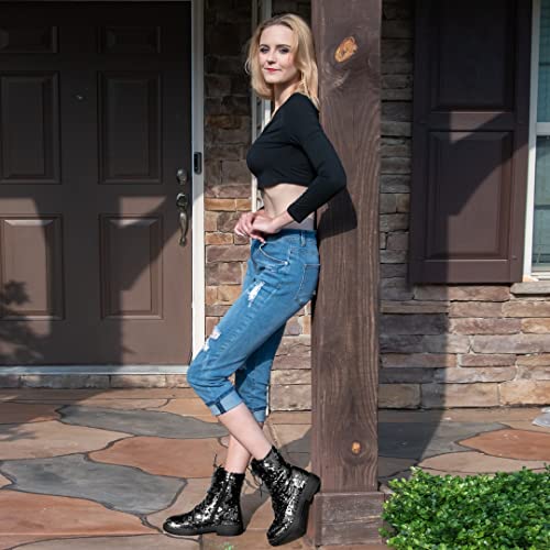 Caradise Womens Lace Up Glitter Combat Boots Chunky Heel Sequin Ankle Booties2