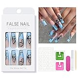 Yivaiks 24 Pcs Press on Nails Long Square Coffin, Nude blue Gradient fake nails with butterfly design,Matte Frosted Acrylic nails Glue on Nails for Women and Girls