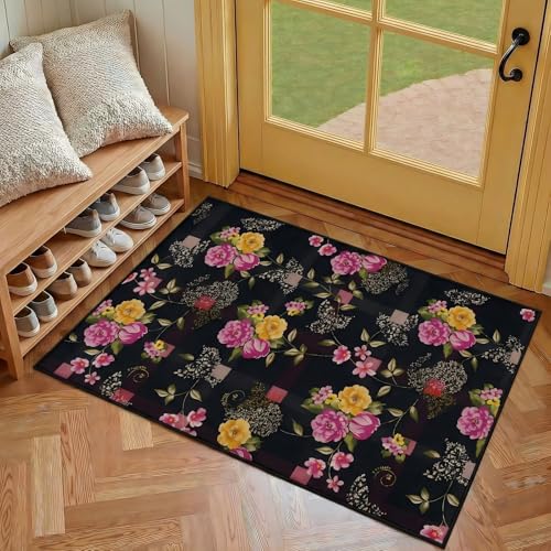 Tapete pequeño negro 2x3 para entrada con diseño floral miniatura 2