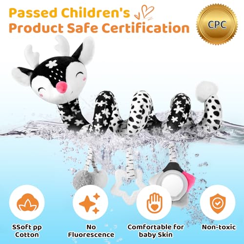Image of Car Seat Toys for Babies 0-6 Months Boy&Girl, Carseat Toys Hanging Black and White High Contrast Toy for Baby 0-3 Months, Spiral Activity Plush Toys Stroller Toys for 0 3 6 9 12 Months Baby Ideal Gift