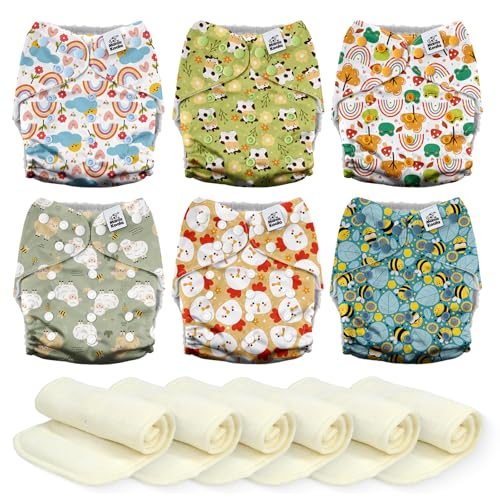 Image of Mama Koala 6 Pack Reusable Cloth Diapers 3.0 for Babies Girls Newborn, One-Size Adjustable Baby Diaper, Durable Stitching, Back Opening for Inserts, Breathable Awj Lining, Leak Prevention-Happy Farm