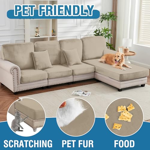 Image of Stretch Silver Fox Velvet Sectional Couch Covers - 4-Piece Sofa Cushion Covers for Left /Right L-Shaped Chaise, Soft and Comfortable Slipcovers for Sectional Sofa(3Seater+1Chaise,Leather Brown)