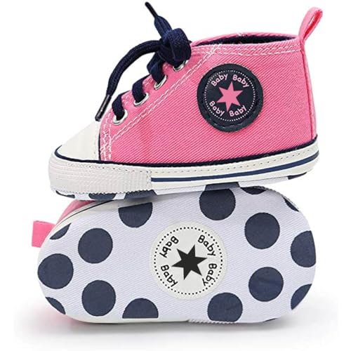 Image of Unisex Baby Boys Girls Shoes, Newborn Infant Non-Slip Canvas Denim High Top Sneakers, Toddler First Walkers Shoes