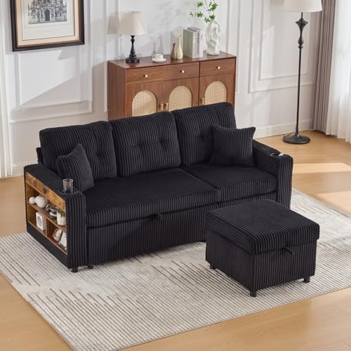 KOMHTOM Petit Canapé 3 Places en Velours Côtelé avec Coussins Confortables, Espace de Rangement - Canapé-Lit Convertible Moderne (Noir)