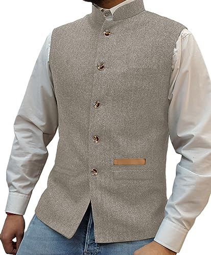 Yiaisafa Mens Mock Neck Vests Tweed Waistcoats Stand-up Herringbone Retro Groomsman Lined Vintage Wool Wedding Hunting (Champagne,M)