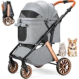 MAMIZO Faltbarer Hundebuggy One-Touch, Faltbar Katzenwagen, Bis 25 kg, Aluminium-Carbonstahl-Gestell, Höhenverstellbarer Griff, Getränkehalter, 4 PCS 360° Gummiräder, für kleine Hunde Katz, Dunkelgrau