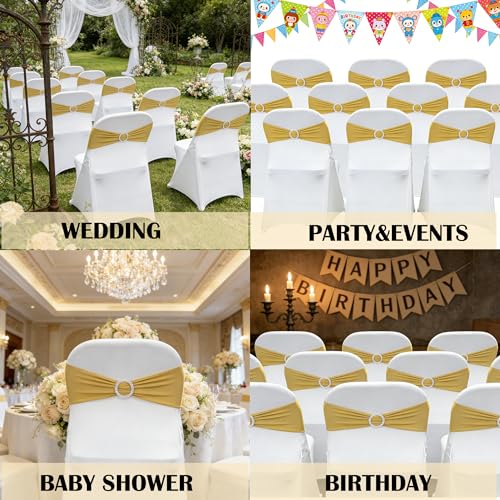 Image of Spandex Chair Sashes Bands, Gold, 50PCS | Stretch Chair Ties Bows, With Buckle Slider, For Wedding Party Banquet Decoration