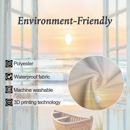 Image of Riyidecor Small Stall Beach Ocean Shower Curtain 36Wx72H Inch Blue Rustic Seaside Barn Door Sea Scenery Sunset Sandbeach Wood Hawaii Landscape Bathroom Decor Fabric Polyester Waterproof 7 Pack Hooks