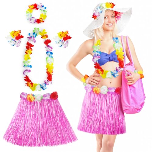 Aomig Disfraz Hawaiana Falda de Paja, 5 Pcs Set Hawaiano con