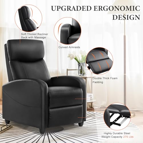 Sweetcrispy Massage Recliner Chair for Adults, Adjustable Home Theater Seating with Lumbar Support for Living Room, Modern Fabric Reclining, Pure Black