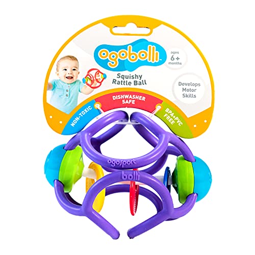 Image of OgoBolli Rattle & Teether Toy for Babies - Tactile Sensory Ball - Stretchy, Soft Non-Toxic Silicone - Ages 6 Months and up - Purple