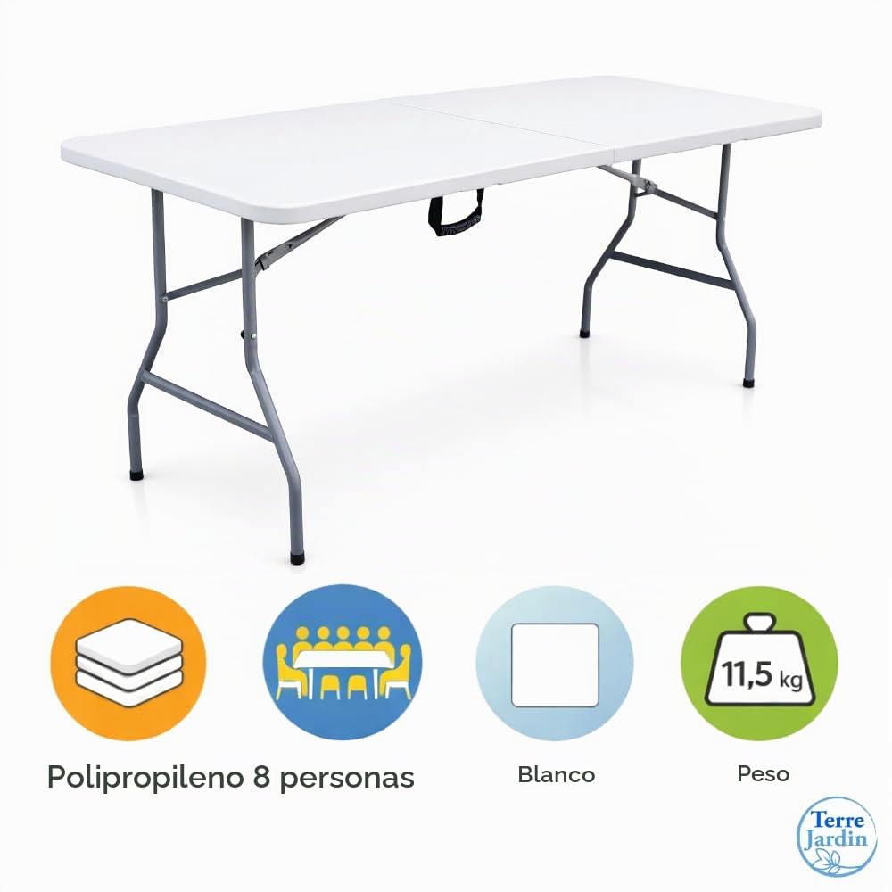 TERRE JARDIN Mesa De Jardín Plegable 180 cm para 8 Personas Polipropileno