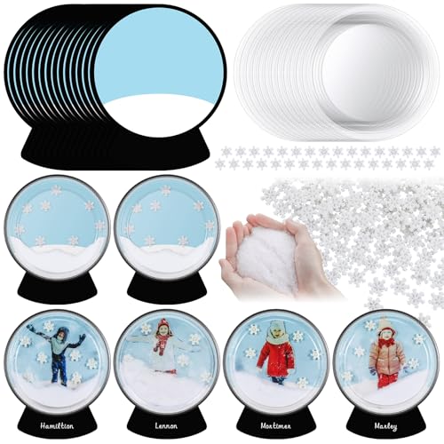 Hollowfly 30 Sets Snow Globe Picture Frame Craft Kit DIY Christmas Photo Frame Snowglobe Craft Photo Ornament Bulk with Snowflakes and Artificial Snow for Xmas Winter Party Decor Supply Gift(Routine)