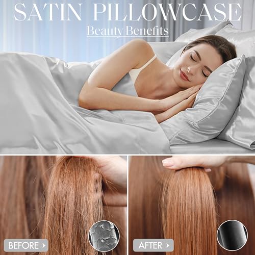 Image of Madison Park Essentials Set of 2 Satin Pillowcase for Hair & Skin, Luxuriously Soft, Silky with Natural Sheen Luster, Cool to Touch, Wrinkle-Free, Machine Washable, King Light Grey 2 Piece | Pillowcase Cover for Hair & Skin, Luxuriously Soft, Natural Sheen Luster, Cool to Touch, Wrinkle-Free, Machine Washable