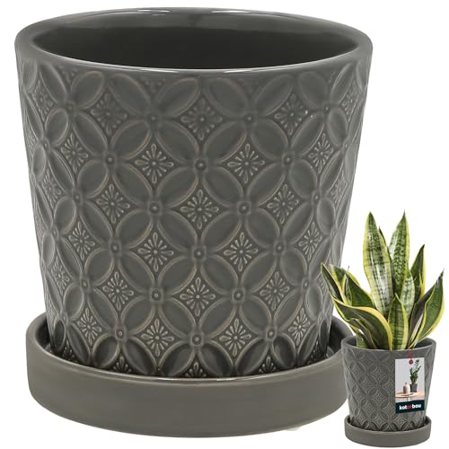 KOTARBAU Pot de fleurs avec soucoupe - Gris - Diamètre : 13 cm - Hauteur : 15 cm - En céramique émaillée - Grand pot de fleurs avec soucoupe