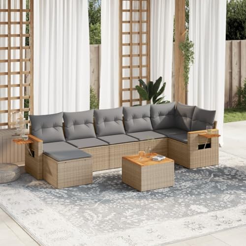 Mokuyary M322K039 - Sofá de jardín con cojín (8 piezas, polirratán, con mesa), color beige