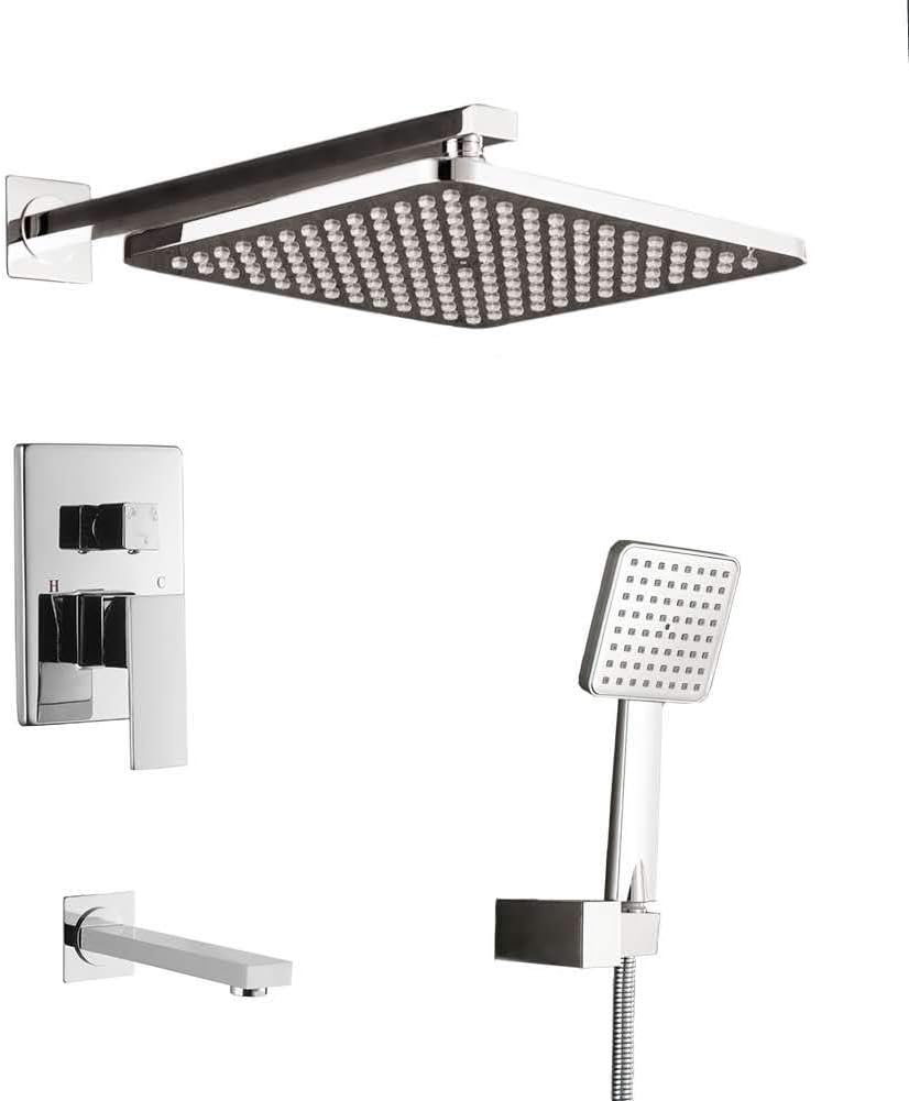Youan Chrome Shower System with High Pressure Square Rainfall Shower Head, Handheld Shower head, Tub Spout Combo Set Wall Mounted Shower Faucet Rough-in Valve and Trim Kit (3 function)