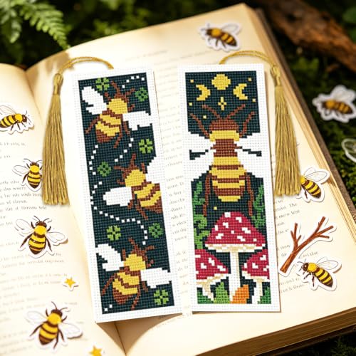 Image of ACRNIGHEET 6PCS Cross Stitch Bookmark Kit for Beginner Stamped Cross Stitch Kits for Adults Retro Bee DIY Tassel Embroidery Bookmark Kits Needlepoint Kit with Instructions Craft Gift 8.5''x3'' 11CT