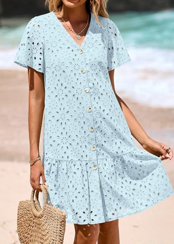Image of KIRUNDO Eyelet Dresses for Women Button Down Mini Babydoll