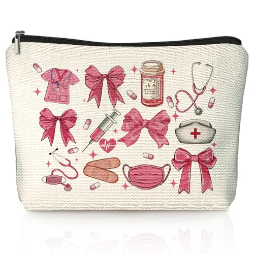 LIANGW Nurse Makeup Bag, Coquette Pink Bow Cosmetic Bags for Women, Nurses Week Gifts, Nurse Appreciation Gifts, Preppy Aesthetic Nursing Zipper Makeup Pouch