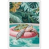 Funny Watercolor Ocean Animal Canvas Wall Art Posters Sea Turtle In The Pool Wall Decor For Kids Bedroom Bathroom Playroom Washroom Nursery 8x12in Unframed