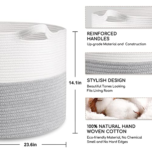 Mxmhome Extra Large Cotton Rope Basket - 23.6" X 23.6" X 14.1" Blanket Basket Living Room, Toy Basket For Kids, Soft Throw Blanket Storage Basket, Giant Woven Kids Toy Storage Basket Bins Organizer #TOP1